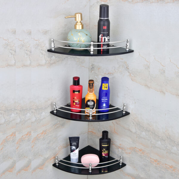 MOTIQO Round Black Glass Corner Shelf for Bathroom, Bathroom Shelf for Wall, Racks and Shelves, Bathroom Organizer and Accessories (9x9 Inches,Set-3) - Image 6