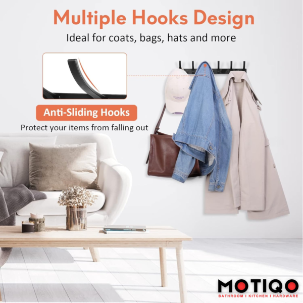 MOTIQO S- Shape 6 Pin Cloth Hanger for Wall, Cloth Hooks Hanger, Door Hangers for Clothes, Hooks Rail for Hanging Keys, Clothes (Black- Set-1) - Image 2