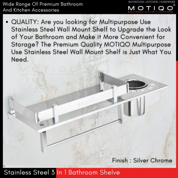 MOTIQO 3 in 1 Bathroom Shelf for Wall with atteched Napkin Holder and Tumbler Holder for Wash Basin and Bathroom (Stainless Steel-Chrome Mirror Finish) 15 Inch(Pack-02) - Image 6