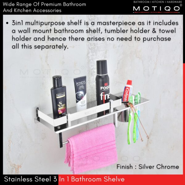 MOTIQO 3 in 1 Bathroom Shelf for Wall with atteched Napkin Holder and Tumbler Holder for Wash Basin and Bathroom (Stainless Steel-Chrome Mirror Finish) 15 Inch(Pack-02) - Image 4