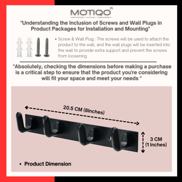 MOTIQO L- Shape 4 Pin Bathroom Cloth Hooks Hanger Wall Bedroom Bathroom Robe Hooks Rail for Hanging Keys,Clothes (Black- Set-4) - Image 3