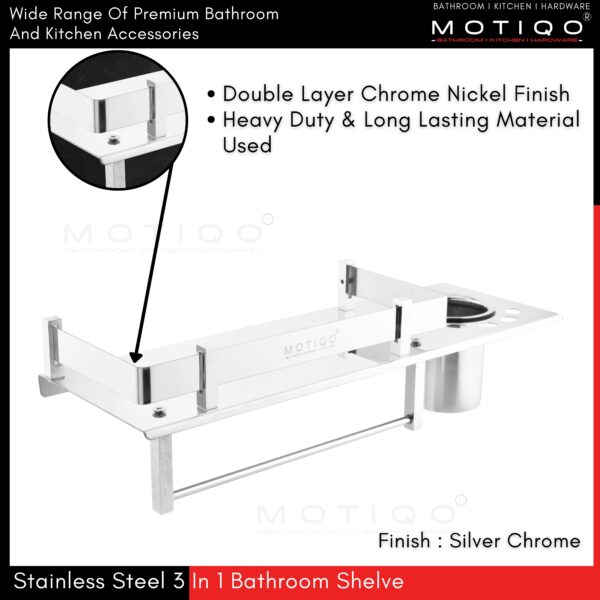 MOTIQO 3 in 1 Bathroom Shelf for Wall with atteched Napkin Holder and Tumbler Holder for Wash Basin and Bathroom (Stainless Steel-Chrome Mirror Finish) 15 Inch(Pack-02) - Image 3