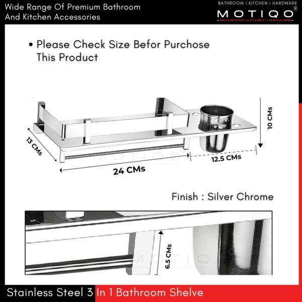 MOTIQO 3 in 1 Bathroom Shelf for Wall with atteched Napkin Holder and Tumbler Holder for Wash Basin and Bathroom (Stainless Steel-Chrome Mirror Finish) 15 Inch(Pack-02) - Image 2