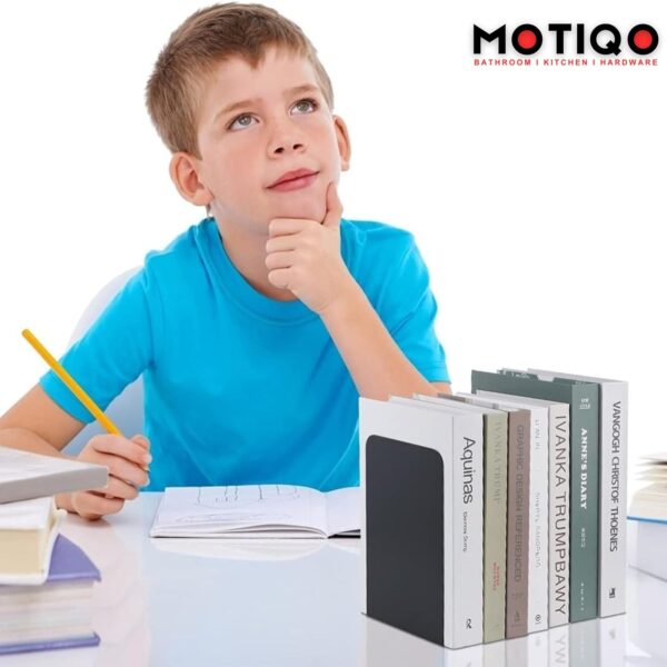 Motiqo Metal Non-Slip Bookend, Book Stand, Office Book Stopper Desk Organizer, Book Organizer (Black) Set-1 - Image 4