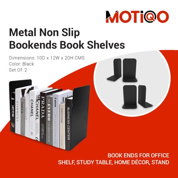 Motiqo Metal Non-Slip Bookend, Book Stand, Office Book Stopper Desk Organizer, Book Organizer (Black) Set-2 - Image 2