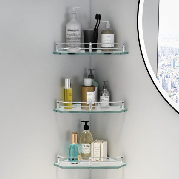 MOTIQO Diamond Frosted Glass Corner Shelf for Bathroom, Bathroom Shelf for Wall, Racks and Shelves, Kitchen Corner Shelf, Bathroom Organiser and Accessories (9x9 Inches,Set-3)