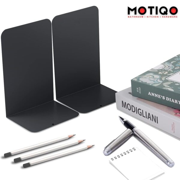 Motiqo Metal Non-Slip Bookend, Book Stand, Office Book Stopper Desk Organizer, Book Organizer (Black) Set-2 - Image 5