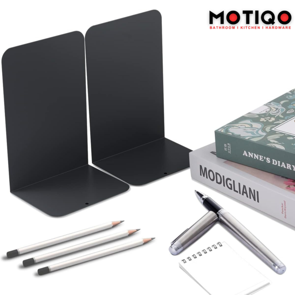 Motiqo Metal Non-Slip Bookend, Book Stand, Office Book Stopper Desk Organizer, Book Organizer (Black) Set-1 - Image 5