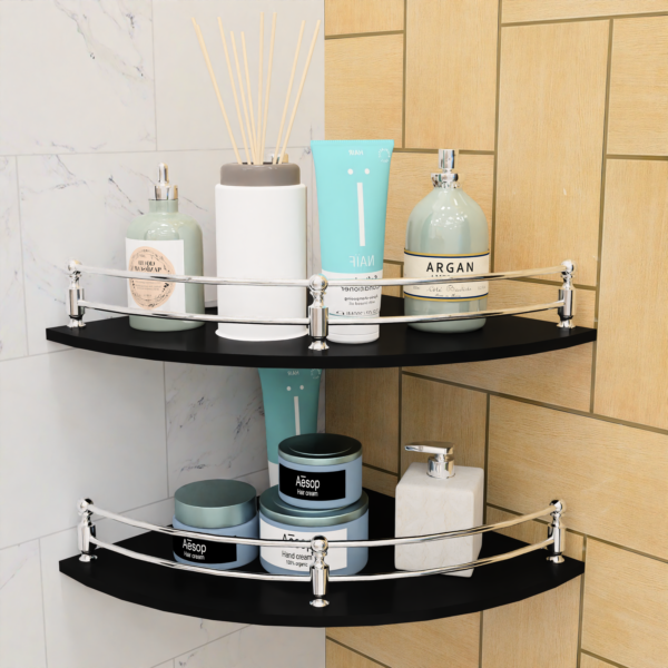 MOTIQO Round Black Glass Corner Shelf for Bathroom, Bathroom Shelf for Wall, Racks and Shelves, Bathroom Organizer and Accessories (9x9 Inches,Set-2)