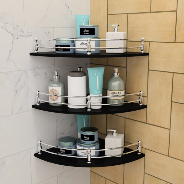 MOTIQO Round Black Glass Corner Shelf for Bathroom, Bathroom Shelf for Wall, Racks and Shelves, Bathroom Organizer and Accessories (9x9 Inches,Set-3)