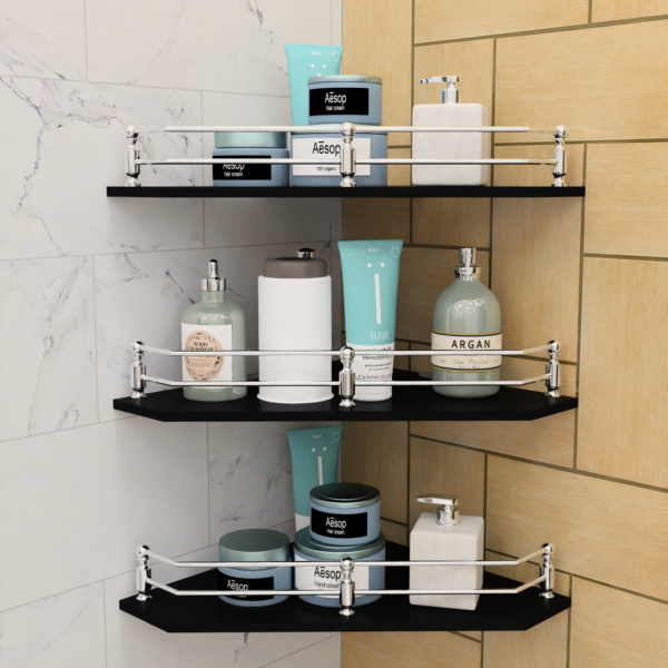 MOTIQO Diamond Black Glass Corner Shelf for Bathroom, Bathroom Shelf for Wall, Racks and Shelves, Kitchen Corner Shelf, Bathroom Organiser and Accessories (9x9 Inches,Set-3)