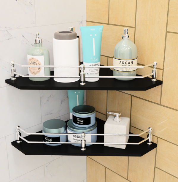 MOTIQO Diamond Black Glass Corner Shelf for Bathroom, Bathroom Shelf for Wall, Racks and Shelves, Kitchen Corner Shelf, Bathroom Organiser and Accessories (9x9 Inches,Set-2)