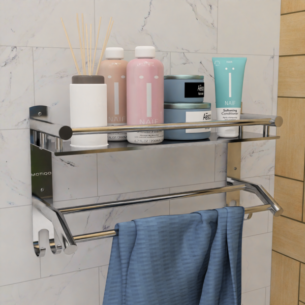 MOTIQO Rack for Bathroom Storage/Multipurpose Stainless Steel Bathroom Shelf with Hooks & Towel Hanger/Rod/Bathroom Accessories Holder (2-Tier, Chrome)