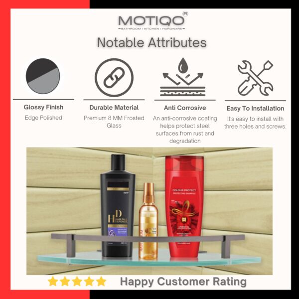 MOTIQO Frosted Glass Corner Bathroom Shelf for Wall, Wall Mount Rack for Kitchen, Shelves for Kitchen, Corner Rack Bathroom Organiser and Accessories, Brass Black Matt (9X9 Inch,Set-1) - Image 3