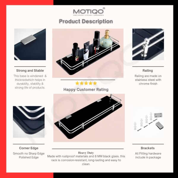 MOTIQO Wall Mount Black Glass Shelf for Bathroom Rack, Kitchen Shelf, Bathroom Accessories, Rack Shelves (15X6 INCH, PACK-01) - Image 3