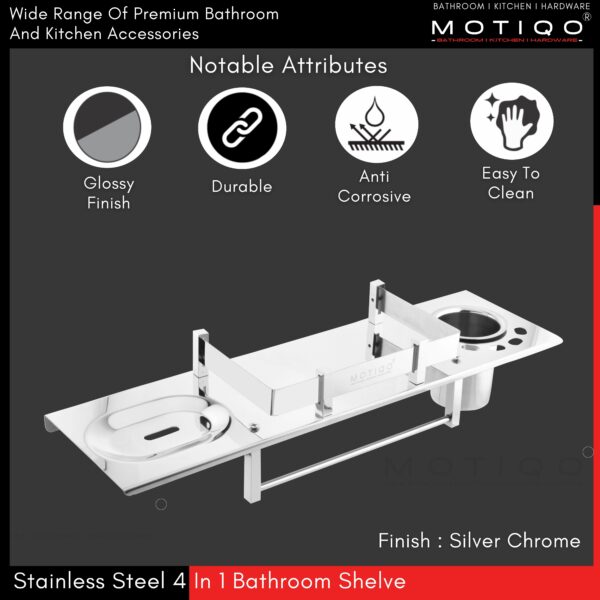 MOTIQO 4 in 1 Bathroom Shelf for Wall with atteched Napkin Holder, Soap Stand and Tumbler Holder for Wash Basin and Bathroom (Stainless Steel-Chrome Mirror Finish) 18 Inch - Image 5