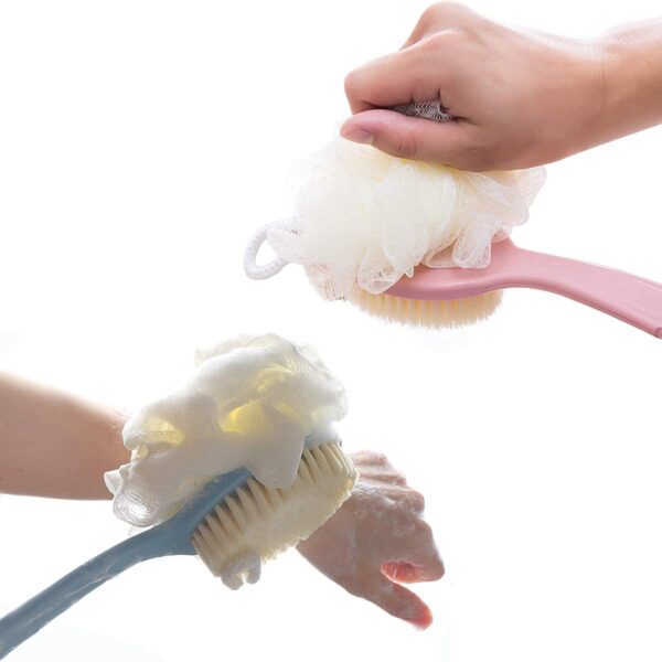 MOTIQO Bath Brush with 2-in-1 Bristles and Loofah, Shower Brush Back Scrubber, Shower Body Brush with Curved Long Handle, for Wet or Dry, Men and Women, Multi Color - Image 4